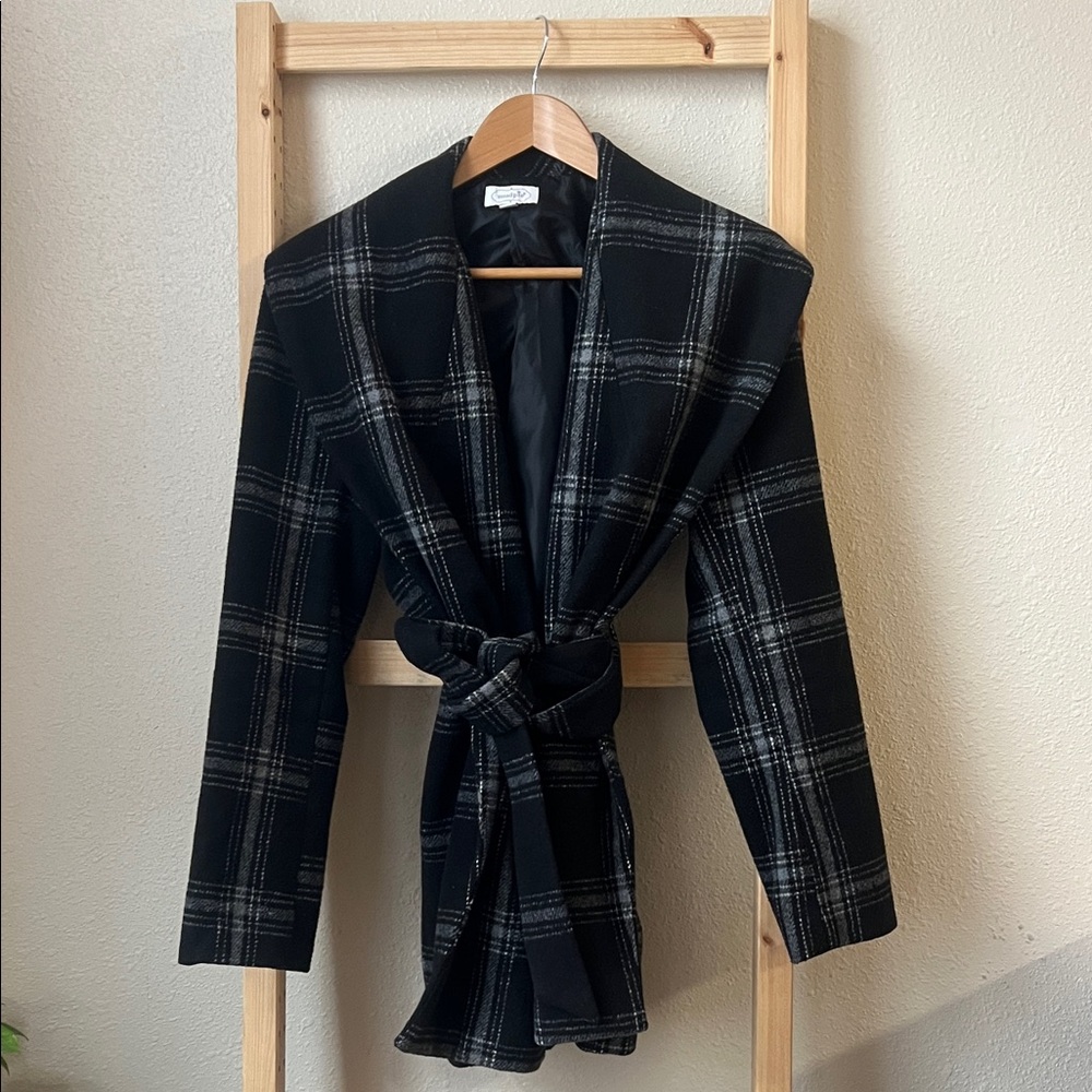 Mud Pie Black and White Plaid Wrap Coat